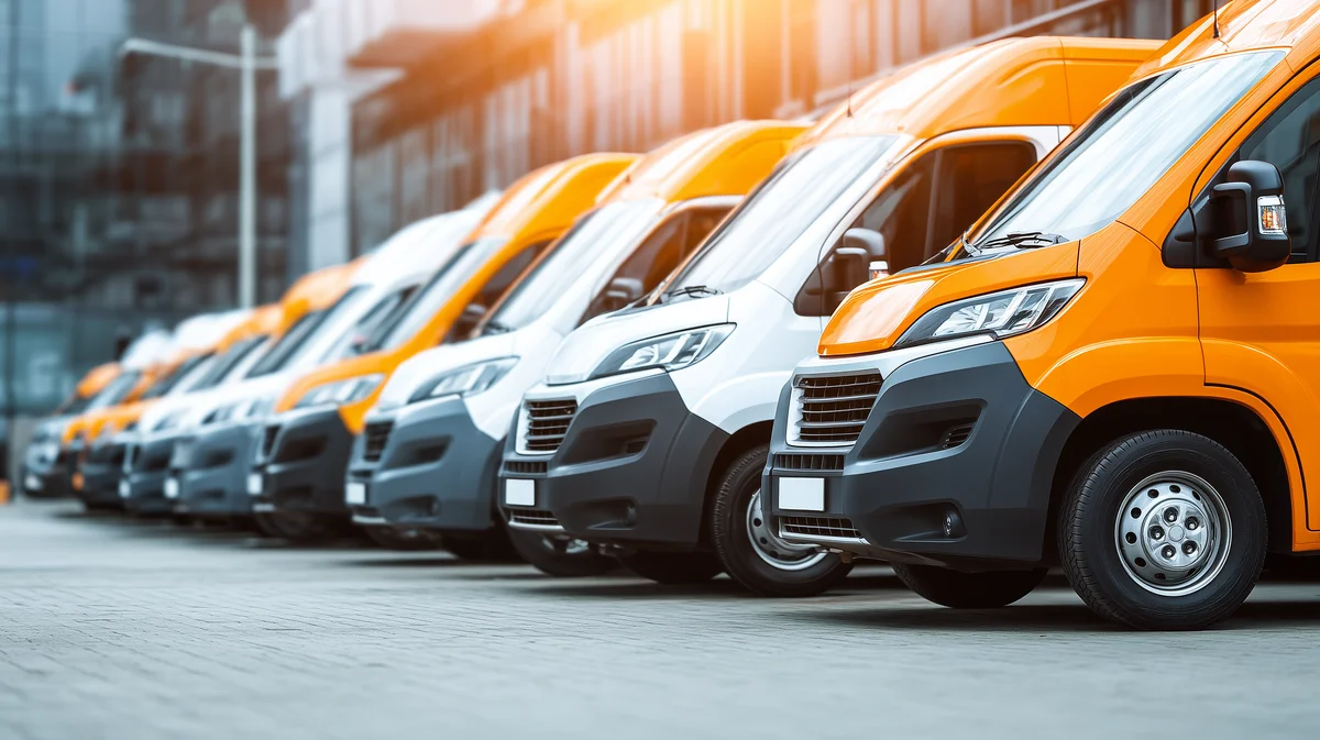 Multiple courier vans lined up in depot yard representing UK delivery companies