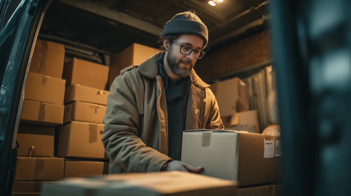 UK courier loading parcels into van at depot, start of workday