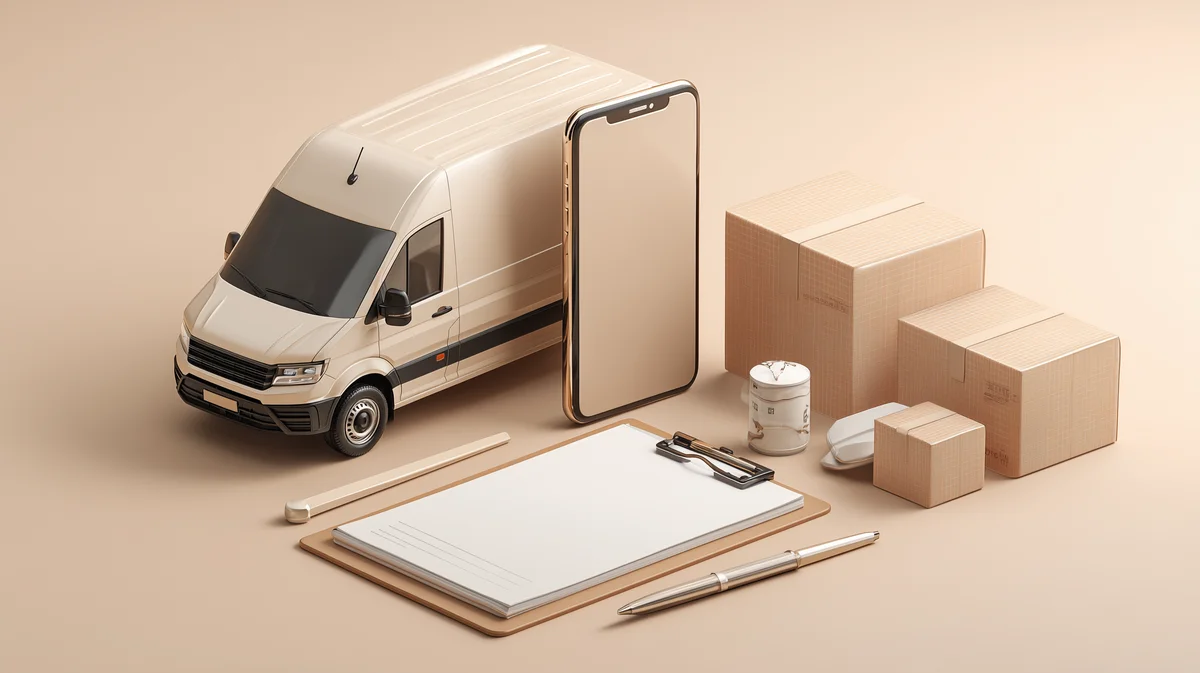 Delivery setup with van, smartphone and clipboard for parcel work