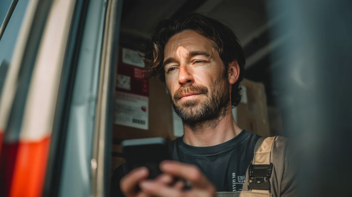 UK courier sitting in van checking delivery earnings on smartphone