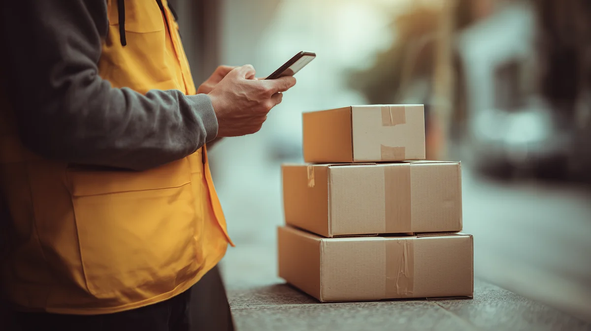 UK courier checking smartphone delivery app beside parcels