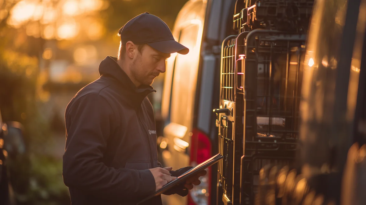 Courier inspecting van and checking delivery gear before starting route