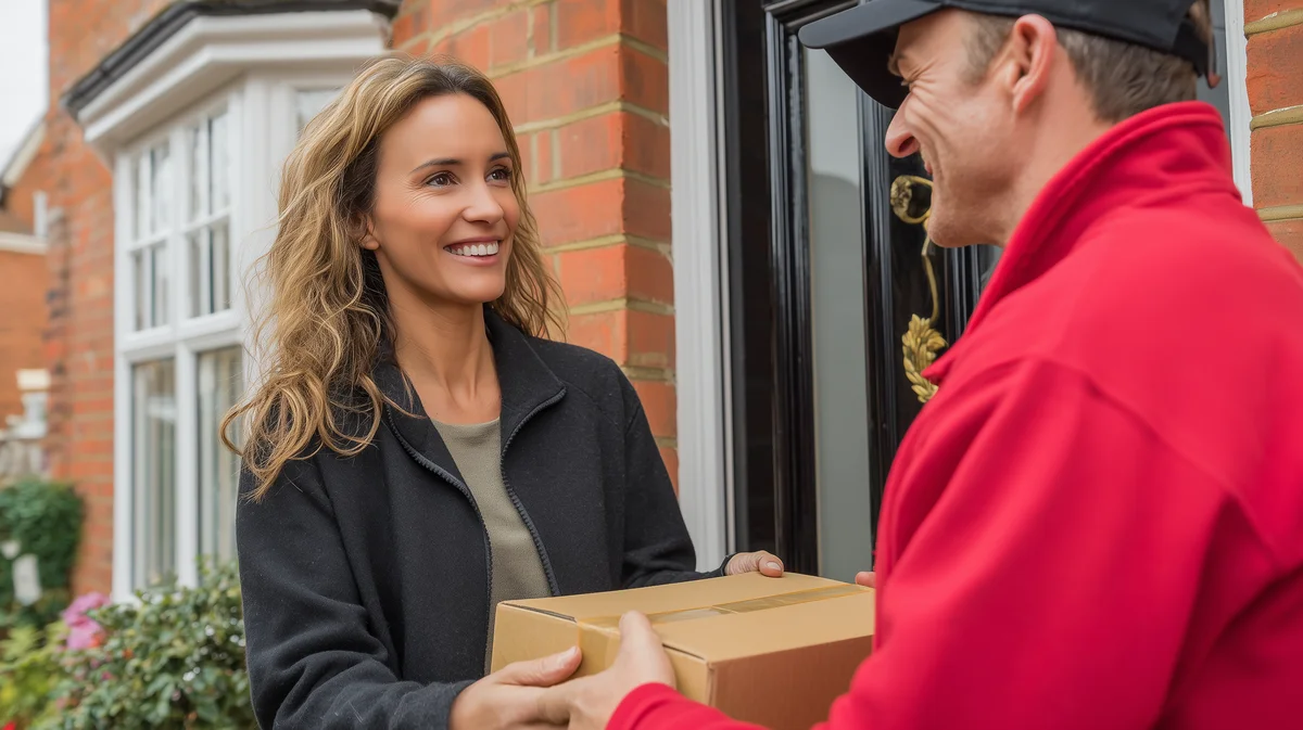 Friendly courier handing parcel to customer at UK doorstep