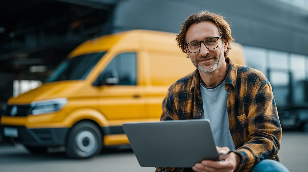 Courier business owner using laptop to plan UK delivery routes