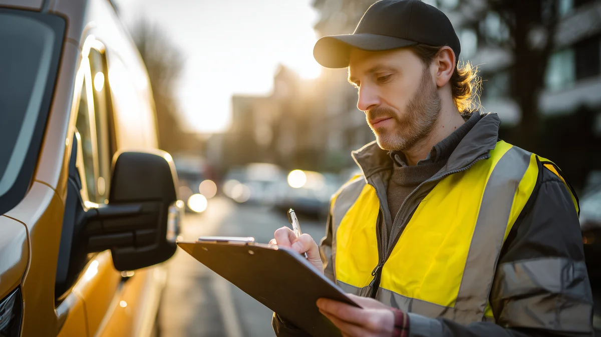 Self-employed UK courier reviewing paperwork beside van